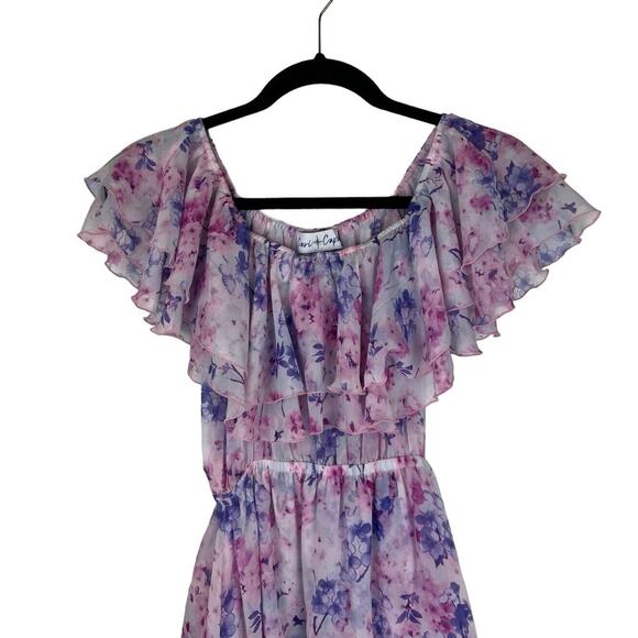 Cari Capri Floral Print Barbados Mini Dress Size XS Ruffle Purple Off Shoulder - Picture 3 of 9
